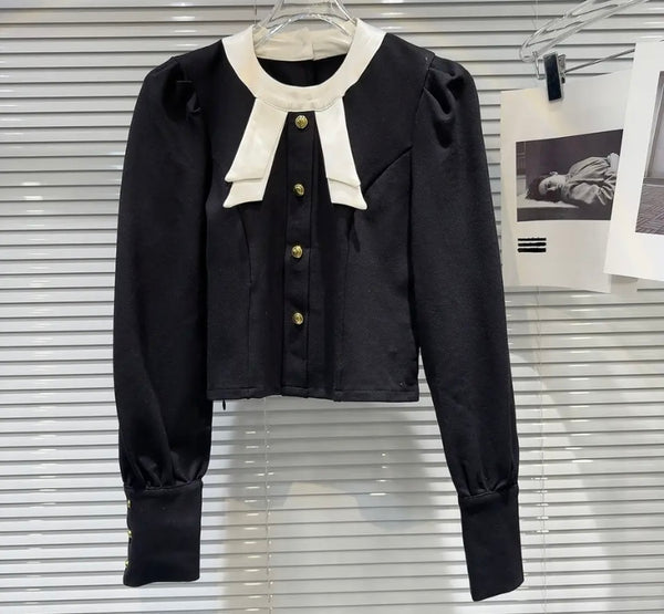 Women Sexy B&W Bow Button Up Full Sleeve Two Piece Skirt Set