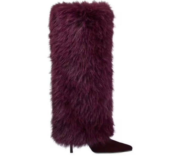 Women Fashion Color Suede Faux Fur Knee High Boots