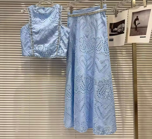 Women Rhinestone Sleeveless Lace Two Piece Maxi Skirt Set