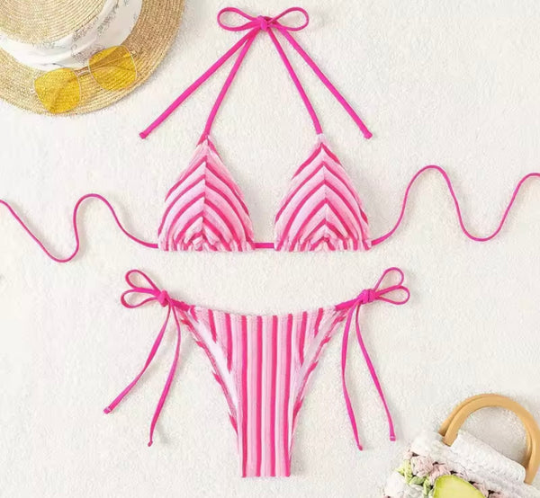 Women Sexy Tie Up Halter Striped Bikini Swimsuit