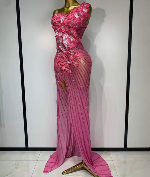 Women Pink One Shoulder Sleeveless Rhinestone Floral Mesh Maxi Dress
