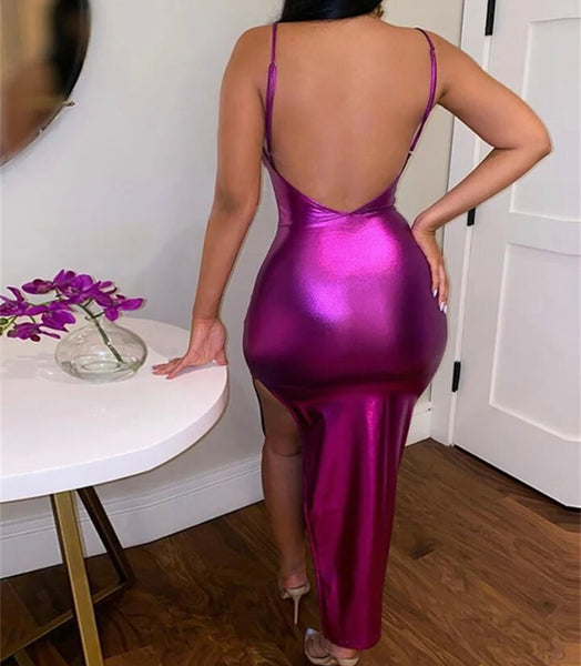 Women Sexy Sleeveless PU Metallic Maxi Dress