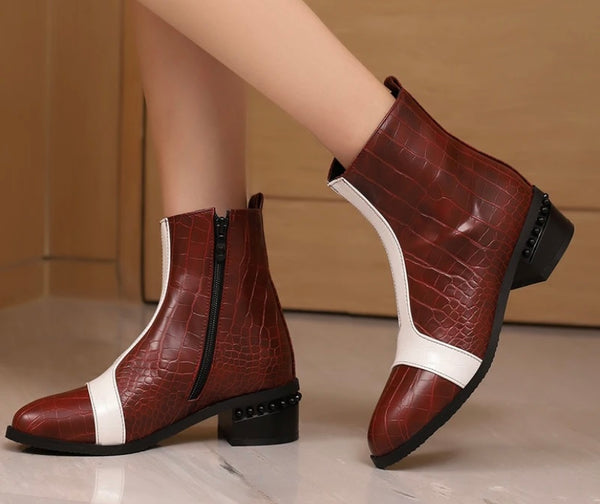 Women Fashion Color Patchwork Faux Leather Ankle Boots