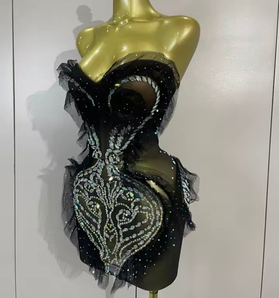 Women Sexy Black Strapless Ruffle Rhinestone Mesh Dress