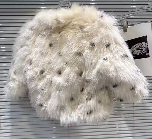 Women Fashion Polka Dot Tie Up Faux Fur Crop Jacket