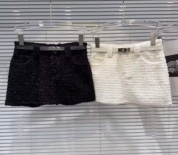 Women Sexy Fashion Belted Tweed Short Skirt