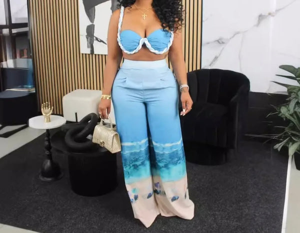 Women Blue Printed Sleeveless Sexy Two Piece Wide Leg Pant Set