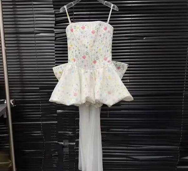 Women Floral Strapless Bow Two Piece Dress Set