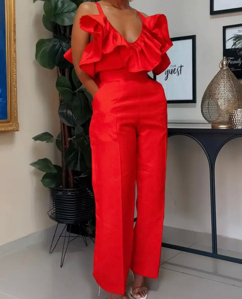 Women Sexy Sleeveless Ruffled Solid Color Two Piece Pant Set