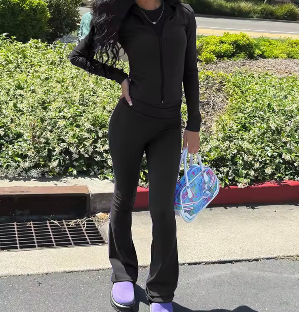Women Color Zip Up Fashion Tracksuit Two Piece Pant Set