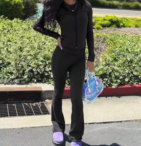 Women Color Zip Up Fashion Tracksuit Two Piece Pant Set