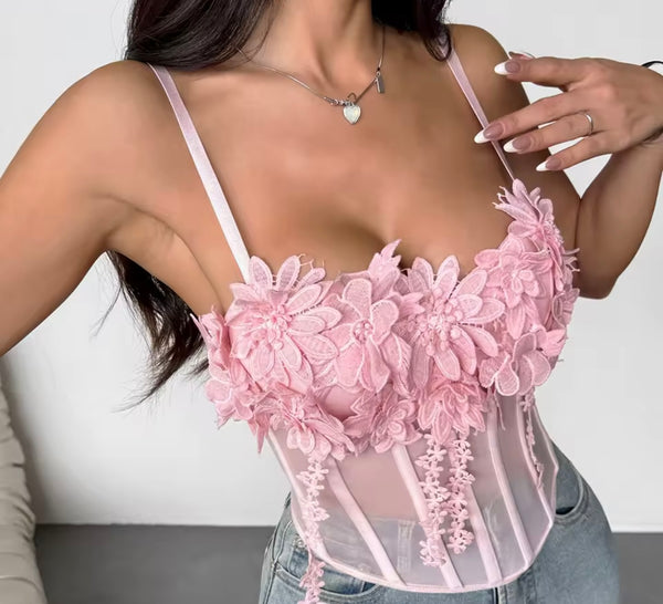 Women Pink Sleeveless Floral Mesh Tank Top
