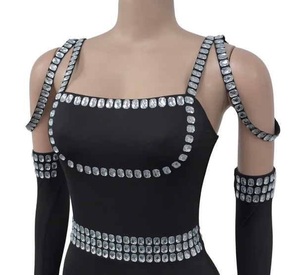 Women Sexy Black Bling Glove Fashion Jumpsuit