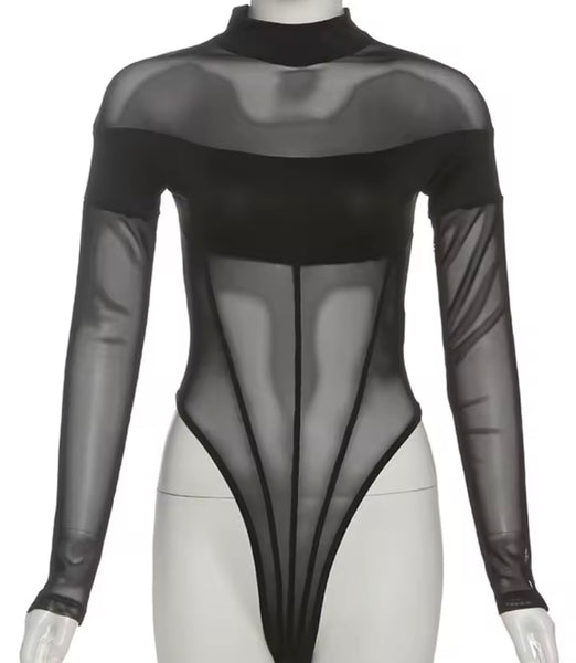 Women Sexy Fashion Black Mesh Full Sleeve Bodysuit Top