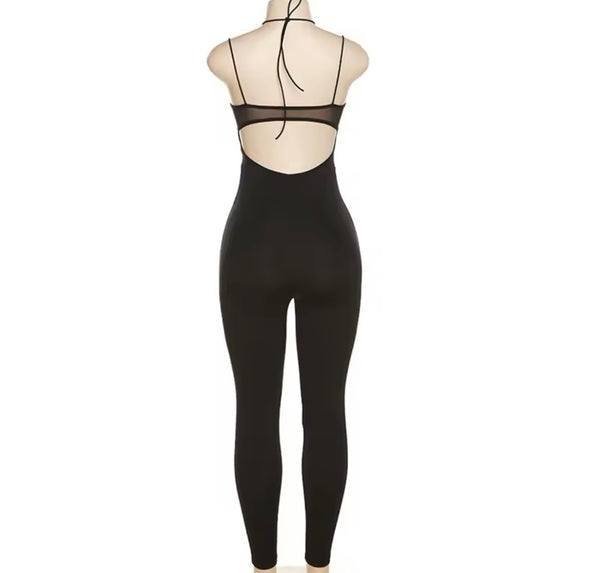Women Black Sexy Halter Sleeveless Mesh Cut Out Jumpsuit