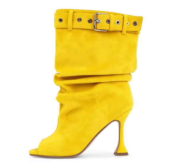 Women Color Open Toe Suede Buckle Ruched High Heel Boots