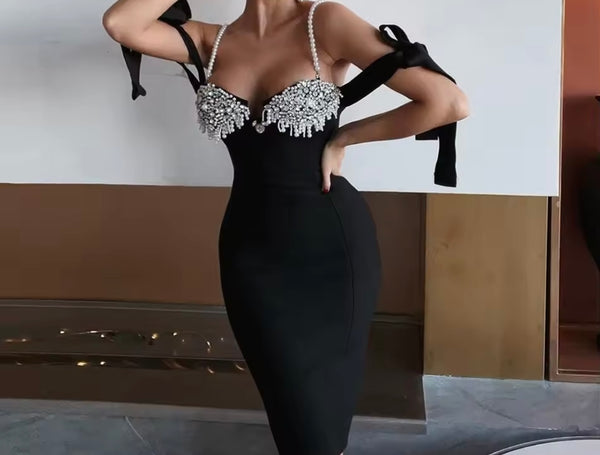 Women Sexy Pearl Rhinestone Sleeveless Bandage Dress