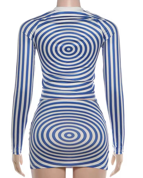 Women Sexy Blue/White Printed Full Sleeve Crop Two Piece Skirt Set