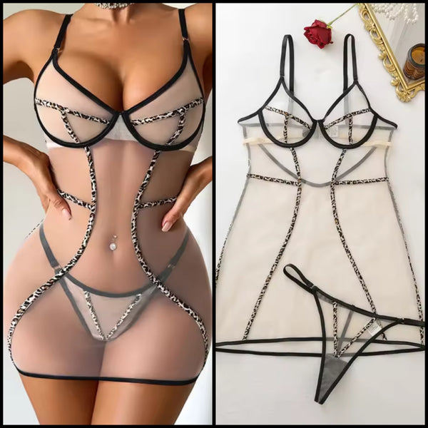 Women Sexy Sleeveless Leopard Print Mesh Nightgown Lingerie Set