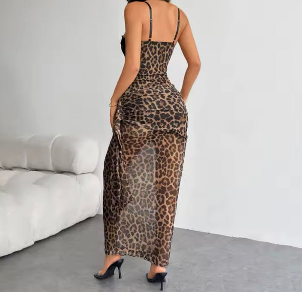 Women Sexy Sleeveless Lace Leopard Mesh Maxi Dress