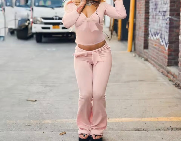 Women Bow Pink Full Sleeve Fashion Two Piece Pant Set