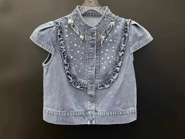 Women Denim Rhinestone Button Up Two Piece Skirt Set