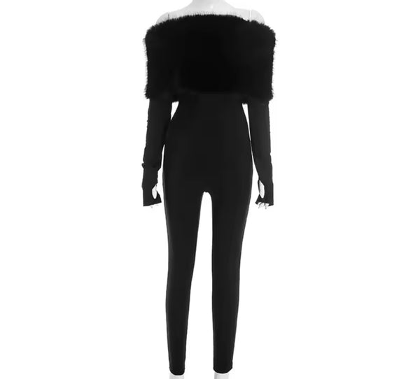 Women Fur Off The Shoulder Full Sleeve Fashion Jumpsuit