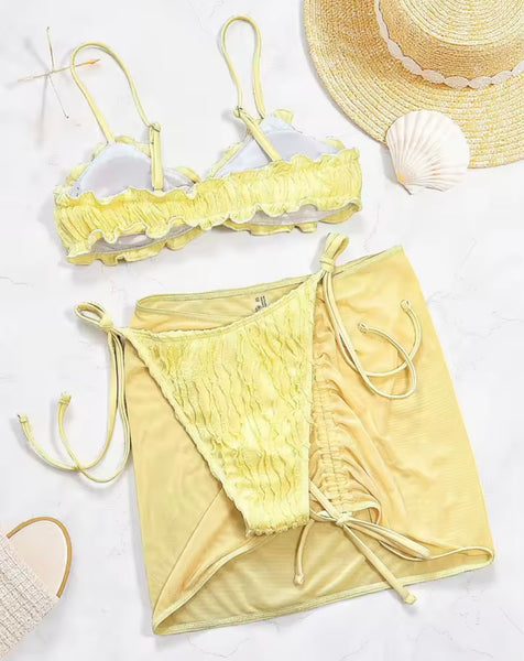 Women Sexy Ruffled Yellow Bikini Mesh Cover Up Set