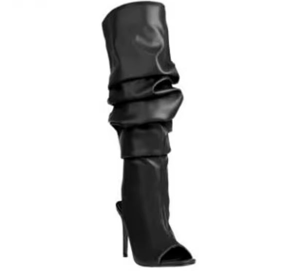 Women Open Toe Ruffle Faux Leather High Heel Fashion Boots