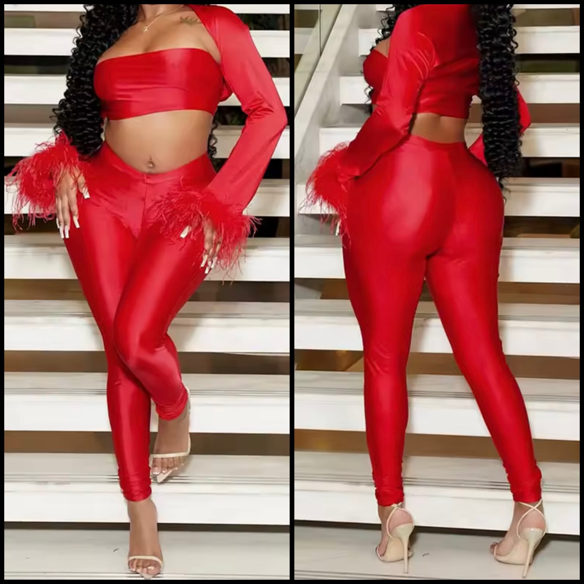 Women Sexy Red Feather Full Sleeve Three Piece Pant Set