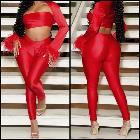 Women Sexy Red Feather Full Sleeve Three Piece Pant Set