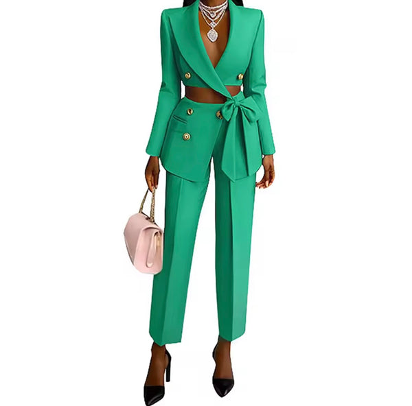 Women Fashion Cut Out Full Sleeve Blazer Two Piece Pant Set