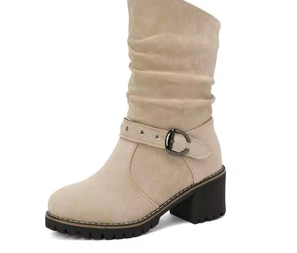 Women Fashion Suede Ruched Buckled Ankle Boots