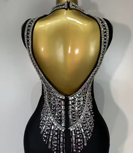 Women Black Sleeveless Open Back Rhinestone Maxi Dress