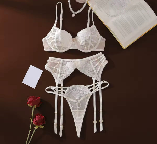 Women White Sexy Embroidery Mesh G-String Lingerie Set