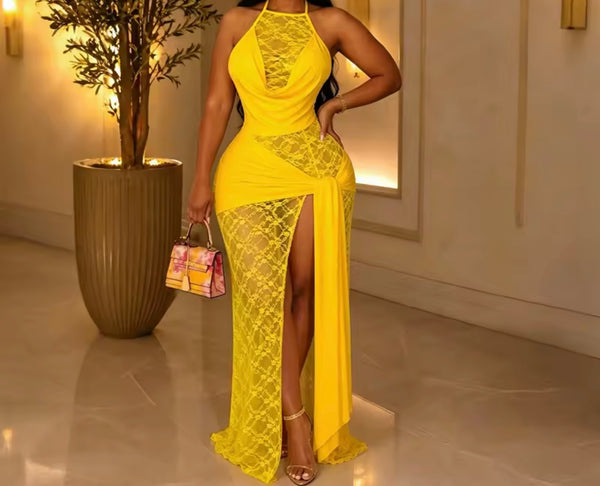 Women Sexy Halter Sleeveless Lace Side Split Maxi Dress