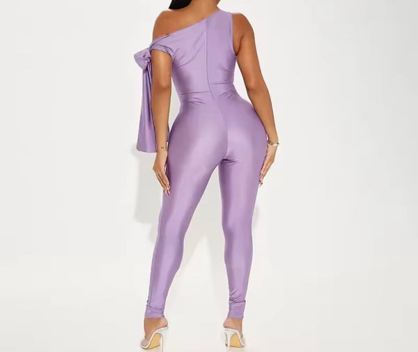 Women Sexy Purple Slant Shoulder Bow Jumpsuit