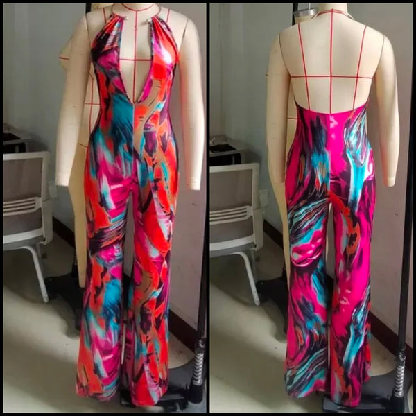 Women Sexy Colorful Print Halter Sleeveless Sexy Jumpsuit