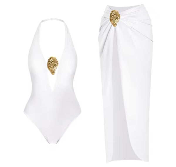 Women Sexy Solid Color Gold Metal Cut Out Halter Swimsuit Cover Up Set