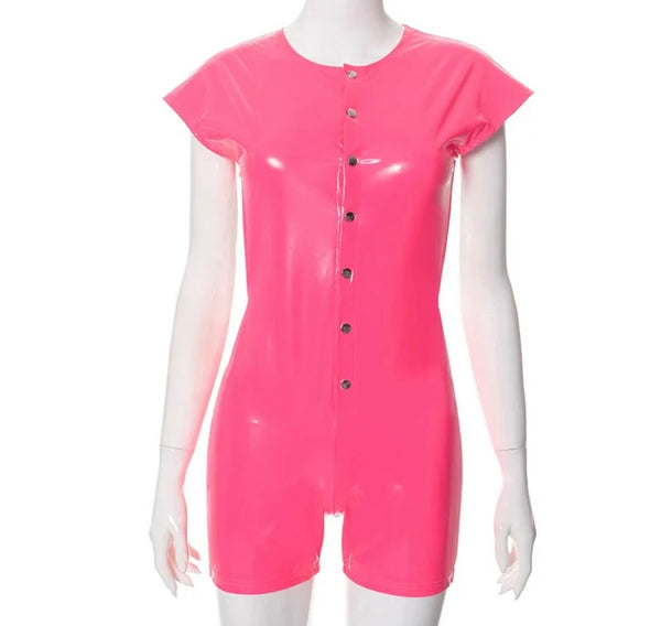 Women Sexy Fashion PU Button Up Short Sleeve Open Back Romper