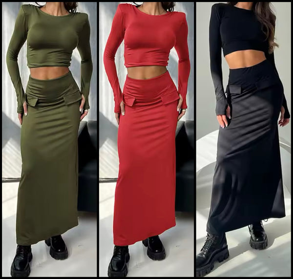 Women Sexy Full Sleeve Crop Two Piece Pocket Maxi Skirt Set