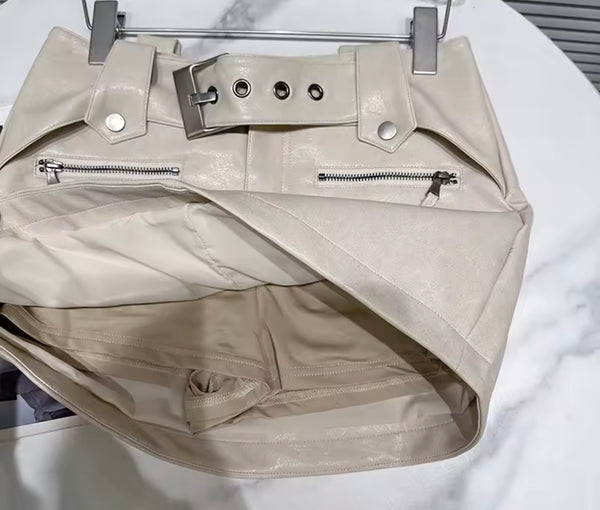 Women Fashion Beige Buckle Zipper Faux Leather Skirt