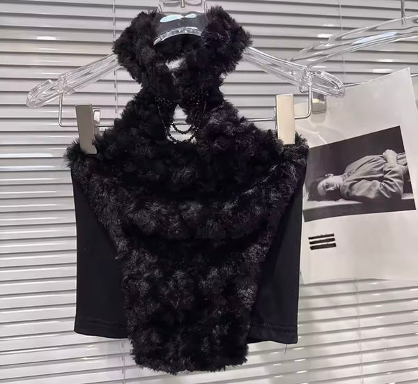 Women Halter Sleeveless Faux Fur Fashion Crop Top