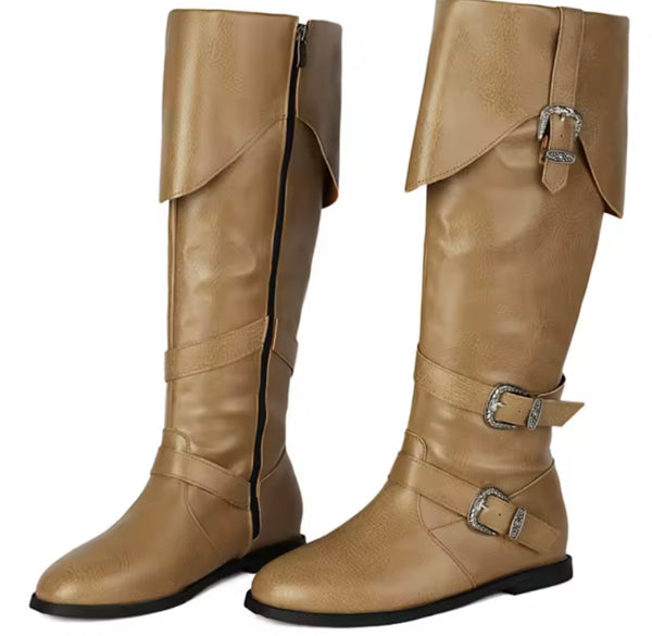 Women Fashion Buckled Knee High Flat Boots