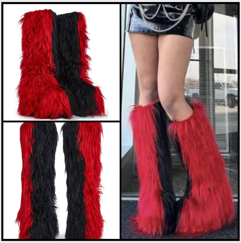Women Fashion Black/Red Faux Fur Platform Knee High Boots