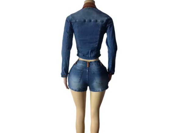 Women Fashion Brown Faux Leather Patchwork Denim Two Piece Short Set