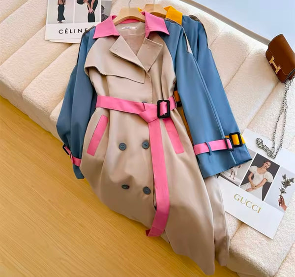 Women Fashion Color Patchwork Belted Trench Jacket