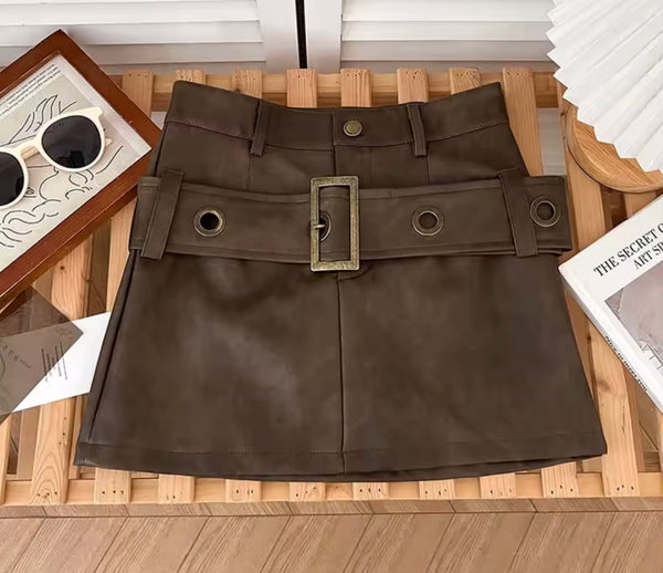 Women Fashion Faux Leather Gold Buckled Belted Skirt