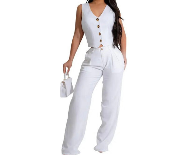 Women Fashion Button Up Two Piece Sleeveless Pant Set
