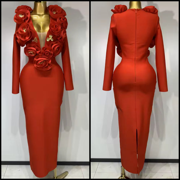 Women Sexy Red 3D Floral Gold Pin Full Sleeve Maxi Dress